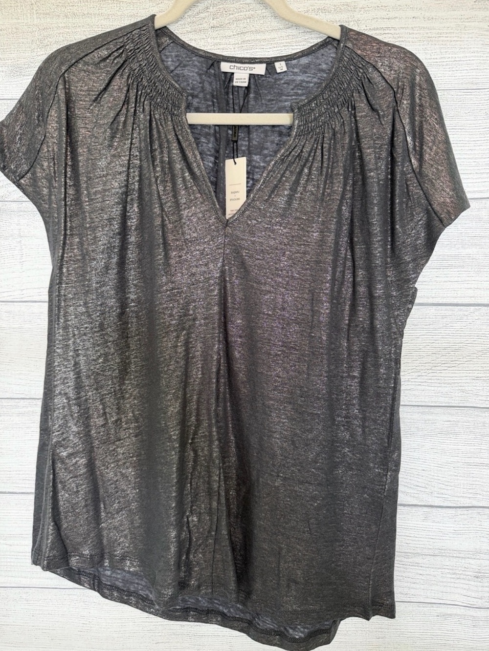 Chico's Shimmery Silver-Gray Short Sleeve V-Neck Top